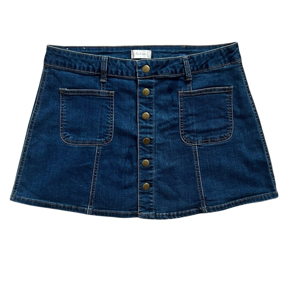 Altar'd State A Line Denim Button-Front Skirt Dark Wash Brass Snap Size L